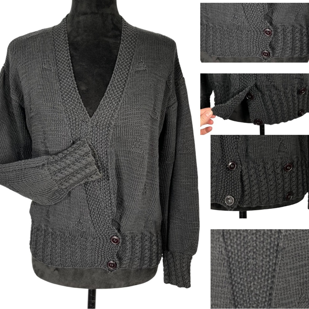 Berek Black Sweater Embellished Knit Cotton V-Neck Chunky Pullover Buttons